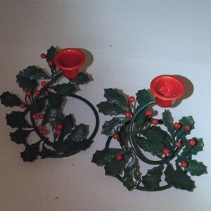 Christmas metal Candlestick Holders holly berries.